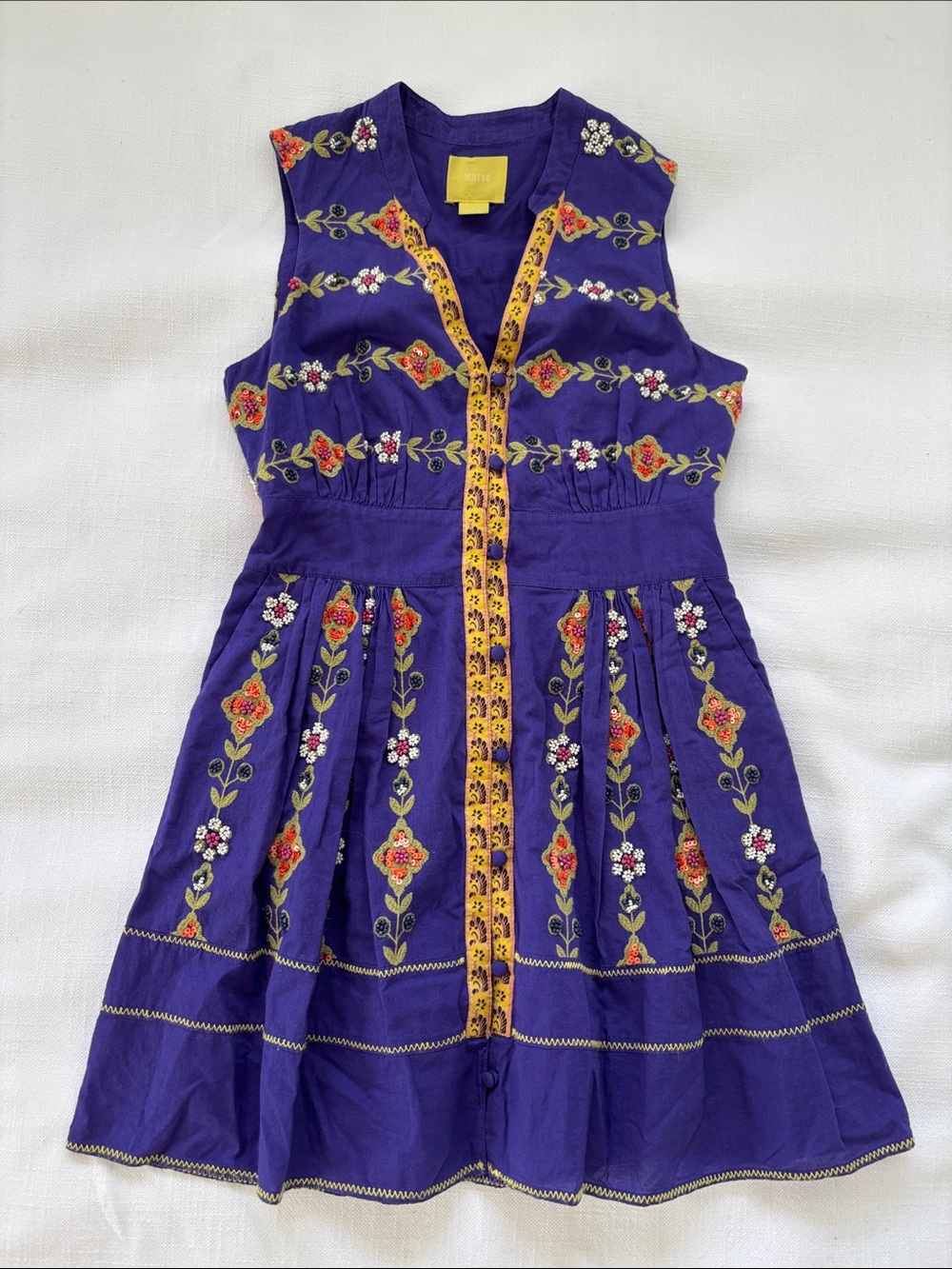Maeve Violet Embroidered and beaded Sleeveless Dress with Yellow Trim -401sku - Picture 1 of 6